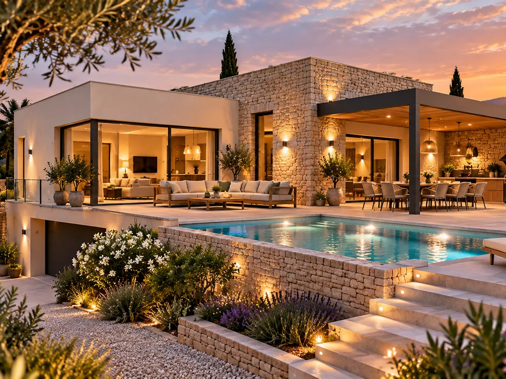 Villa contemporaine en pierre avec piscine au coucher du soleil