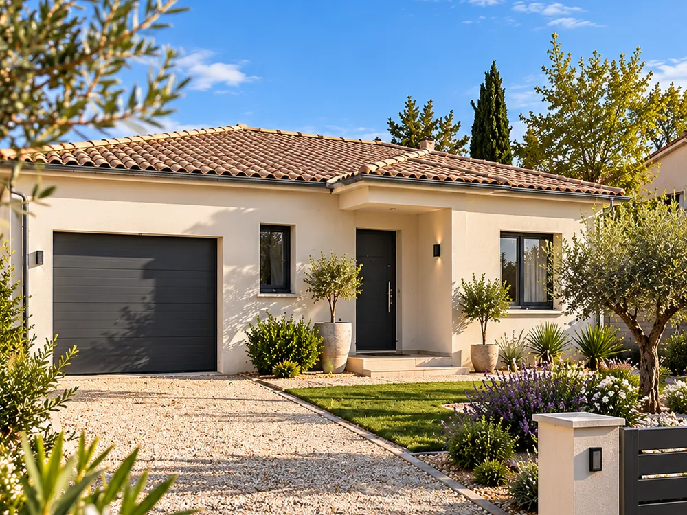Maison traditionnelle de plain-pied avec garage et jardin