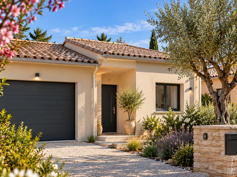 Façade de maison traditionnelle à tuiles avec garage