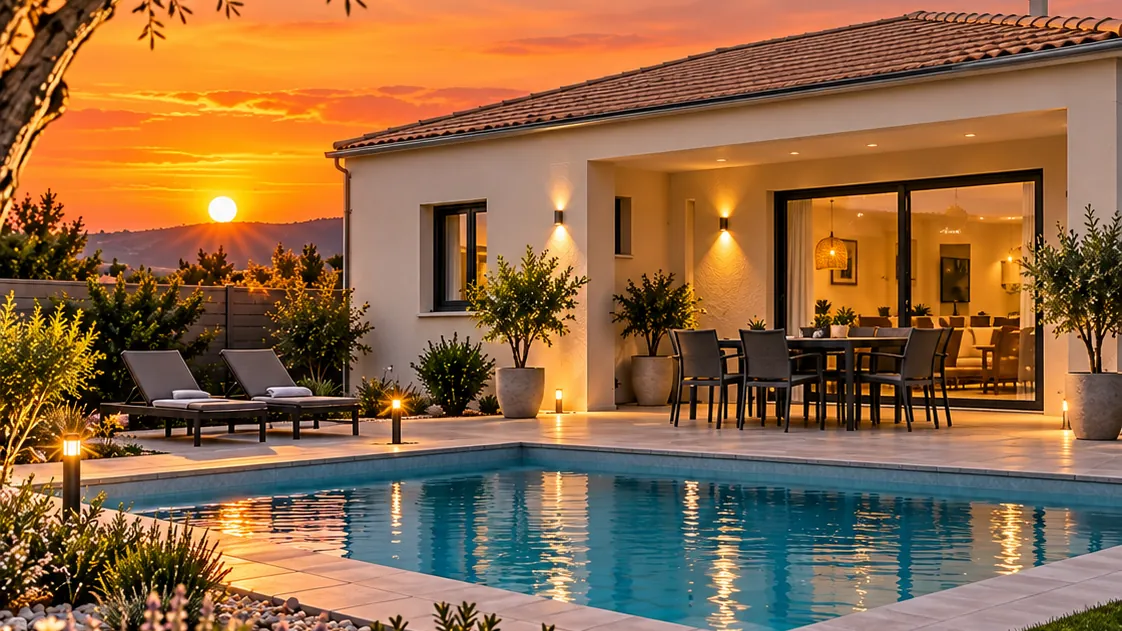 Maison traditionnelle avec terrasse éclairée et piscine